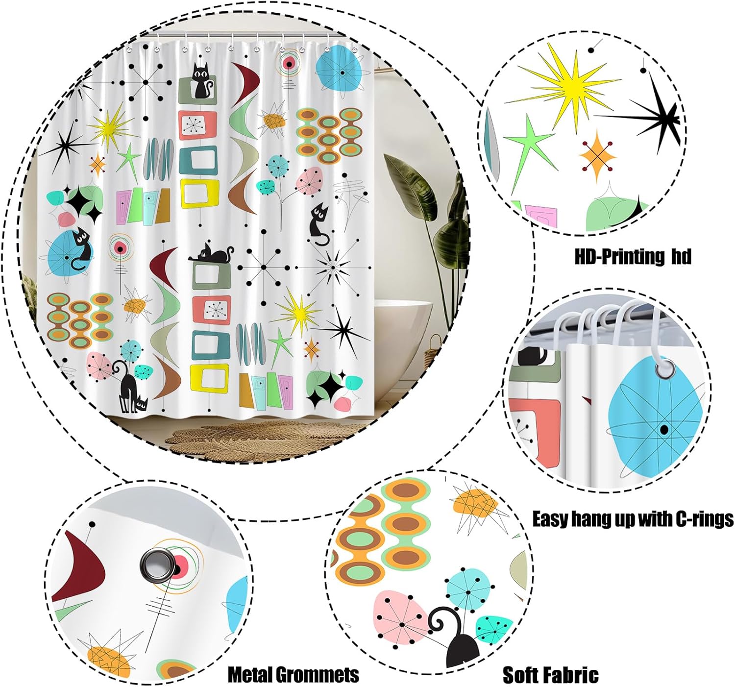 Mid Century Modern Shower Curtain Black Cat Retro Atomic Sputnik Boomerangs Abstract Geometric Iconic 50s 60s Vintage Aesthetics Art Polyester Fabric Bath Decor Curtain with Hooks