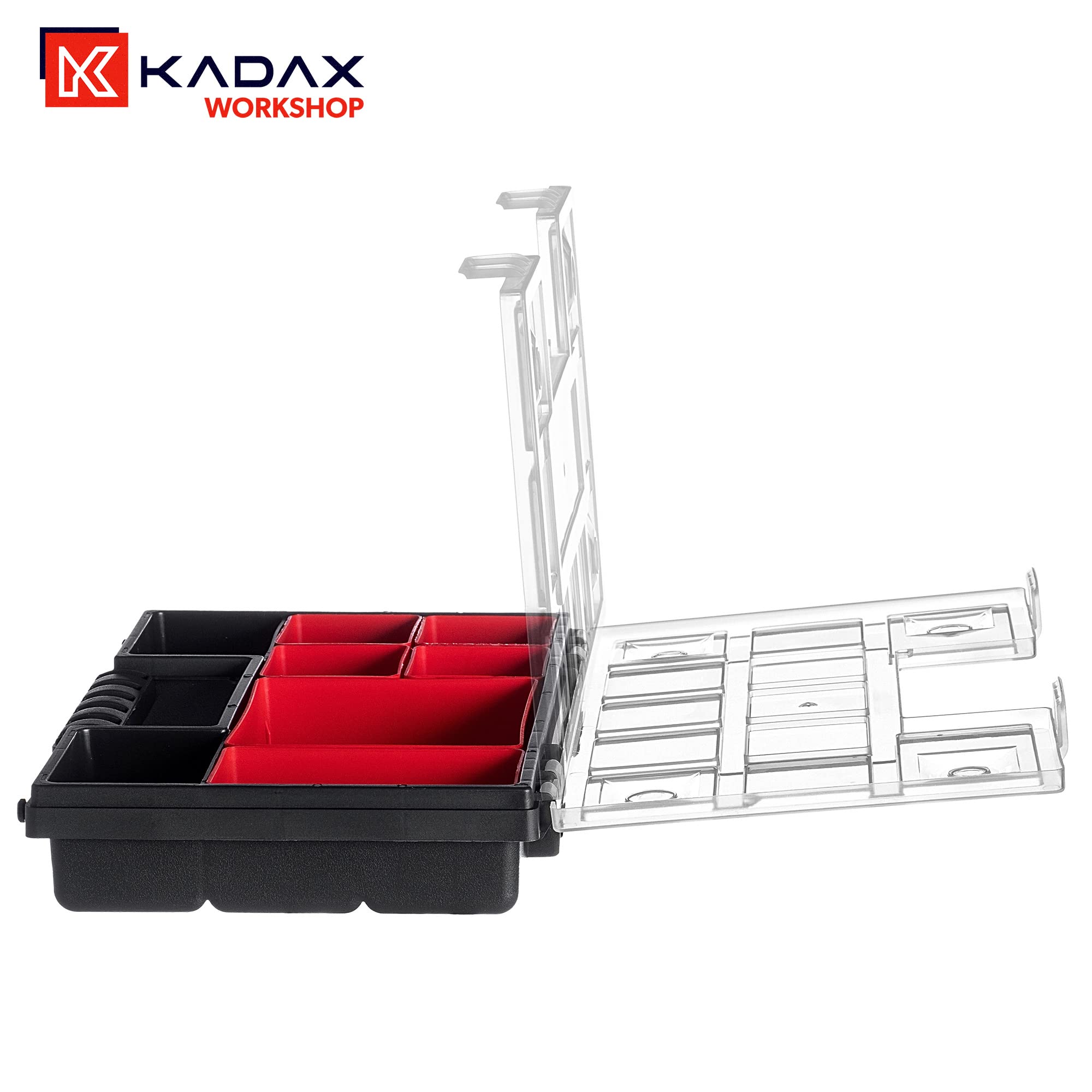 KADAX Organizer con Coperchio Trasparente – Cassetta Porta Minuteria a Scomparti per Viti, Bulloni, Ferramenta, Officina e Garage – Plastica Resistente (28 x 18 cm, 12 Pezzi)