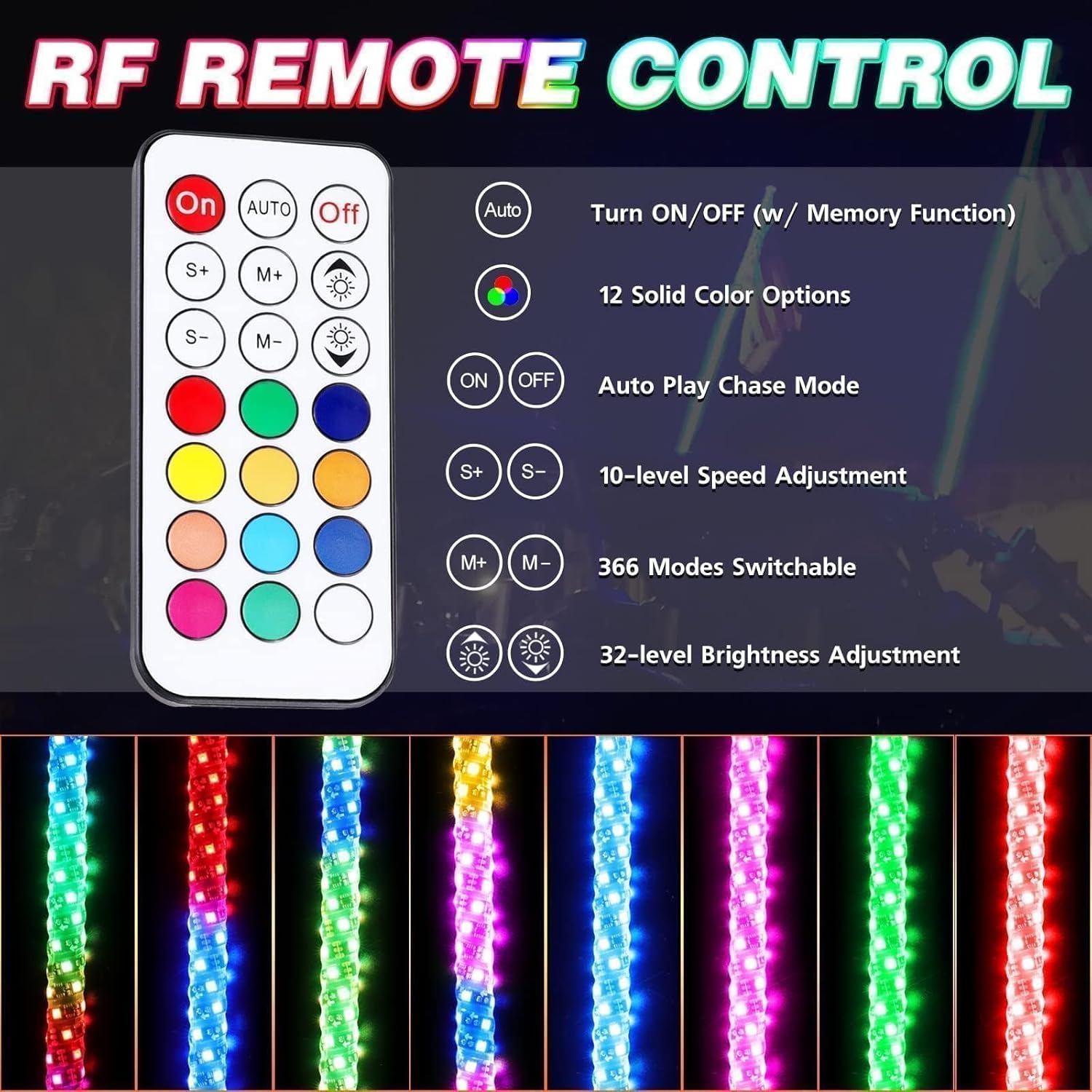 LED Whip Lights, AKD Part 2PCS 4FT Lighted Whips RF Remote Control RGB LED Whip Antenna Chase Lights Warning Light for UTV ATV SXS Side By Side RZR Can-Am Kawasaki Honda Trucks Boat