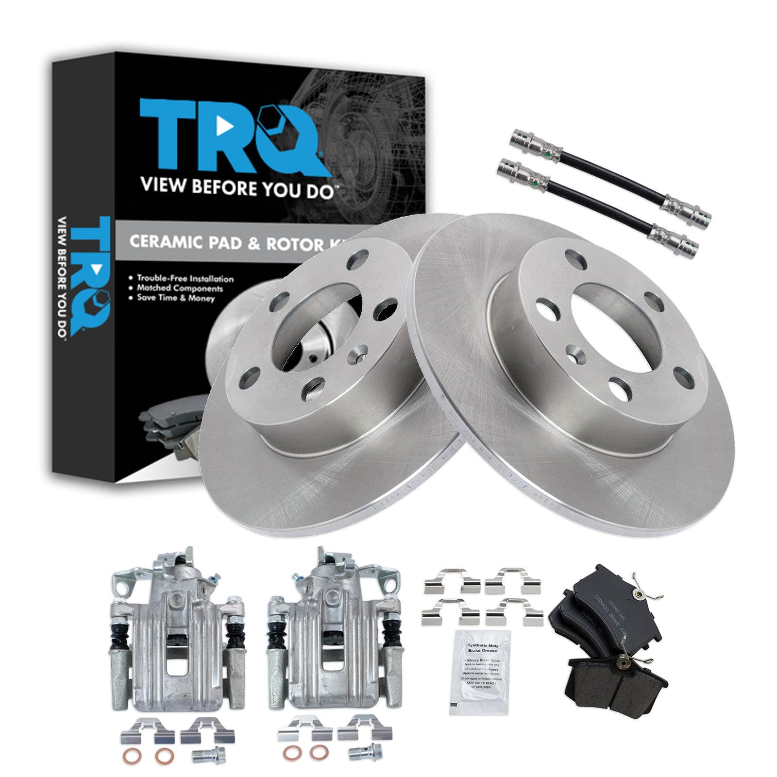 TRQ Rear Brake Pad and Rotor Set Ceramic Rotors Calipers Compatible with 1999 Volkswagen Jetta