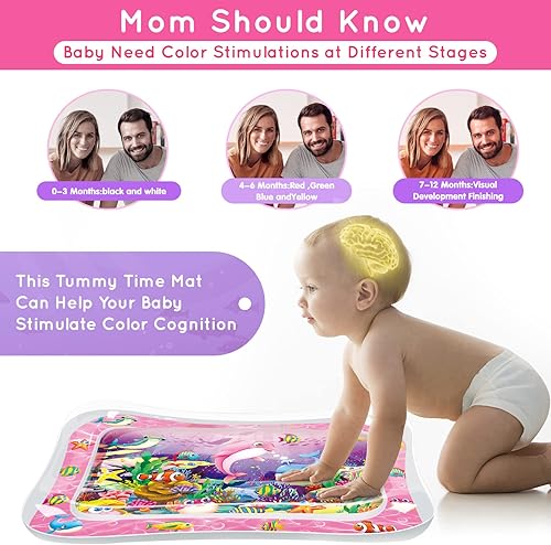 Miniatura 5 de Infinno Tapete de agua para bebés y bebés, juguetes para bebés de 3, 6, 9 meses, desarrollo sensorial, estilo delfín rosa y pulpo amarillo