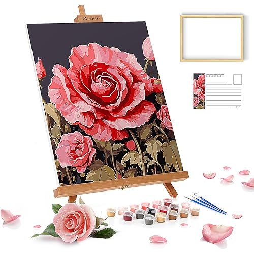 Chilihom Paint by Numbers Kit for Adults Simple Painting, Rose Flower with Frame Couples Gift Ideas DIY Oil Painting Acrylic Paints Canvas for Wall Art 12x16inch