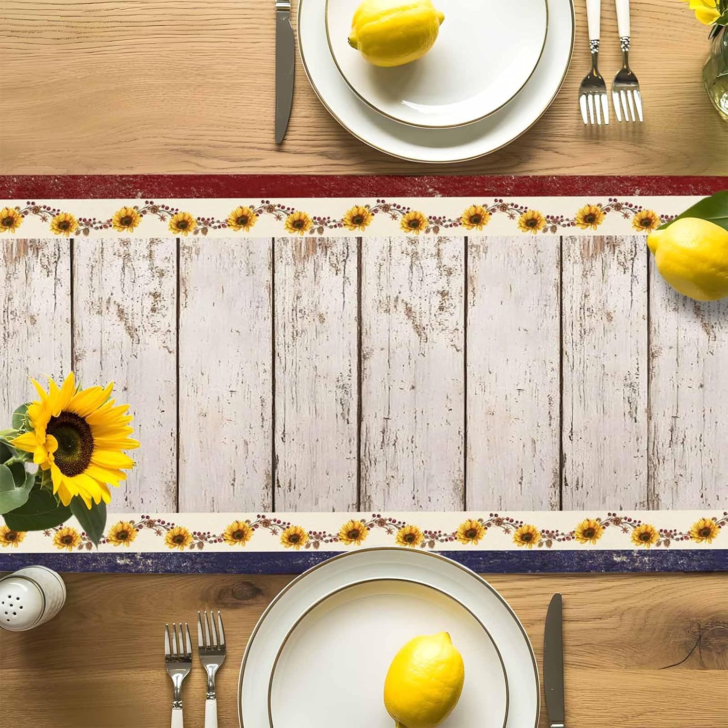LooPoP Red Truck Sunflower Decor Table Runners Farmhouse Wood 18x72 Inches Long Washable Table Runner for Round Table Kitchen Coffee Dining End Table Living Room Use