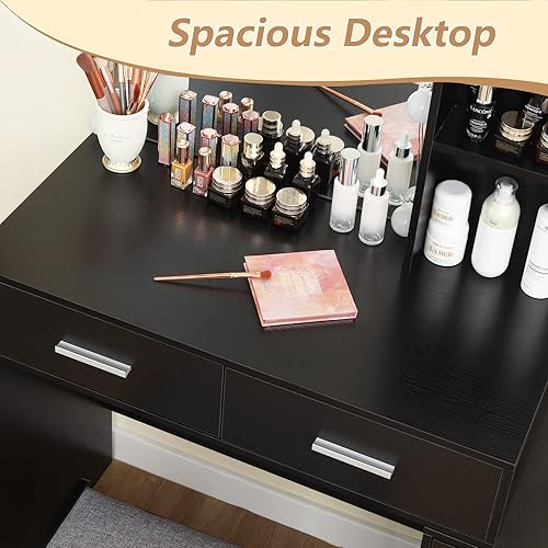 Miniatura 6 de USIKEY - Juego de tocador grande con 10 luces LED mesa de maquillaje con cómoda móvil de 3 cajones tocador de maquillaje con taburete acolchado 2