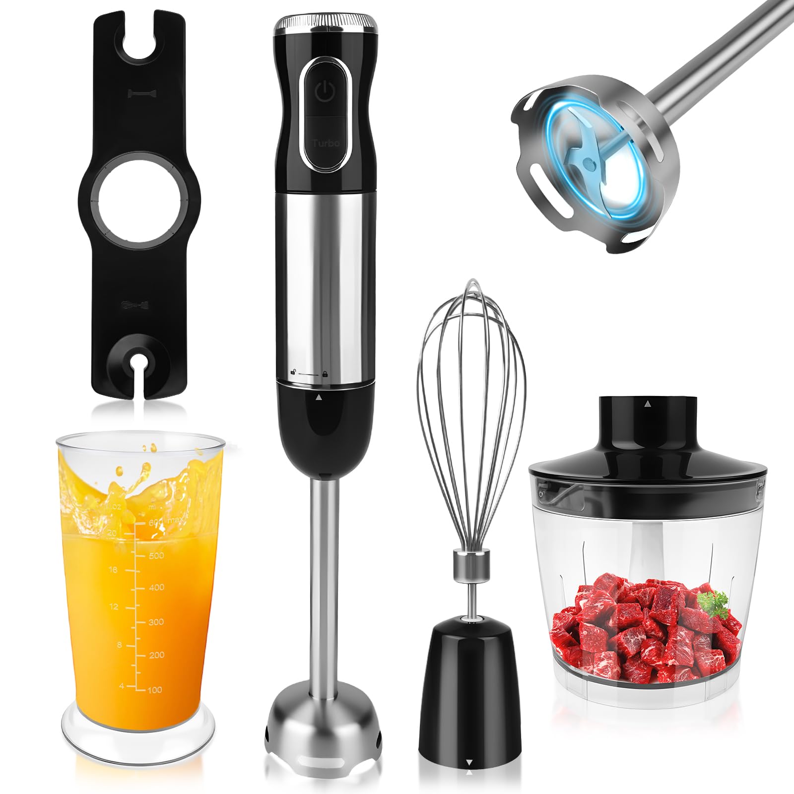 Dreamhigh 4-in-1 Hand Blender, 1000 W with 12 Speeds + Turbo and 2 Buttons, Arm Blender with Whisk, 500 ml Chopper and 700 ml Measuring Cup – Ideal for Porridge, Soups and Smoothies