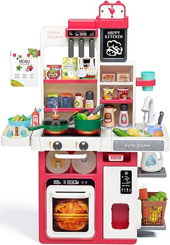 Miniatura 8 de Juego de cocina para niños, juego de cocina para niños pequeños con sonido y luz, estufa de cocina con vapor, fregadero de juegos, juguete de comida