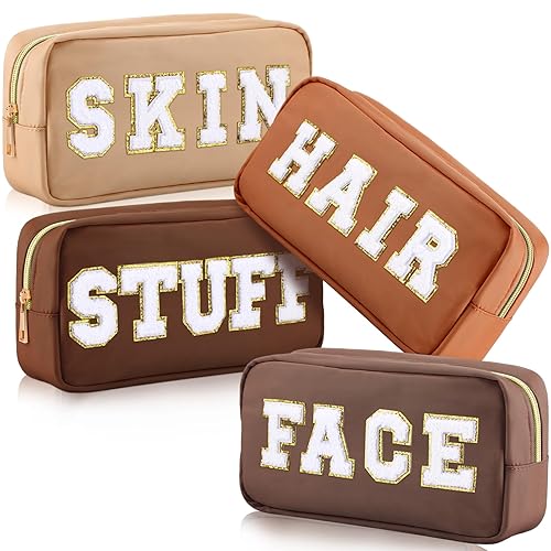 Miniatura 8 de Remerry 4 bolsas de cosméticos de nailon, organizador de viaje, con letras de chenilla, bolsa de maquillaje con cremallera, impermeable, bolsa de