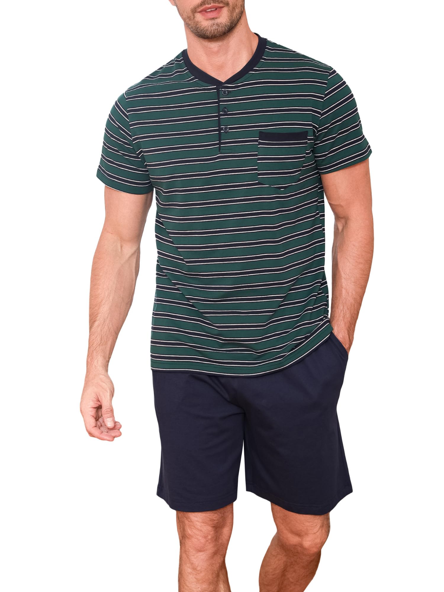 Winovia Herren Schlafanzug Kurz Baumwolle Pyjama Set Kurzarm Nightwear Set mit Knopfleiste und Streifen-Design