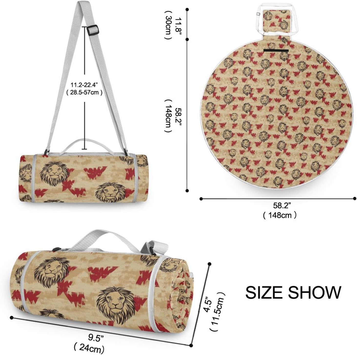 Round Picnic Accessories - Fits 2 Adults, Summer Accessories Cute Sand Resistant Beach Blanket Dual Layer, Sand-Free, Soft Throw Rug 58 in (Cartoon Cute Brown Lion)