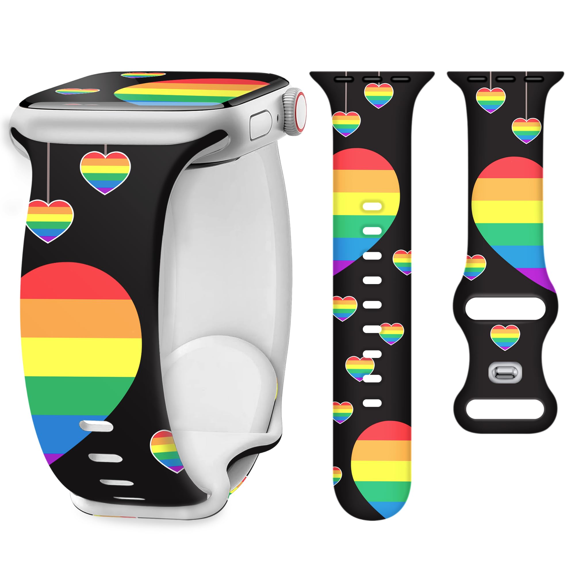 G-ficu Silicone Pride Band for Apple Watch Bands 40mm 41mm 42mm(S11/10) 38mm for Women, Cute Rainbow Printed iWatch Bands, Fancy Heart Strap for Apple