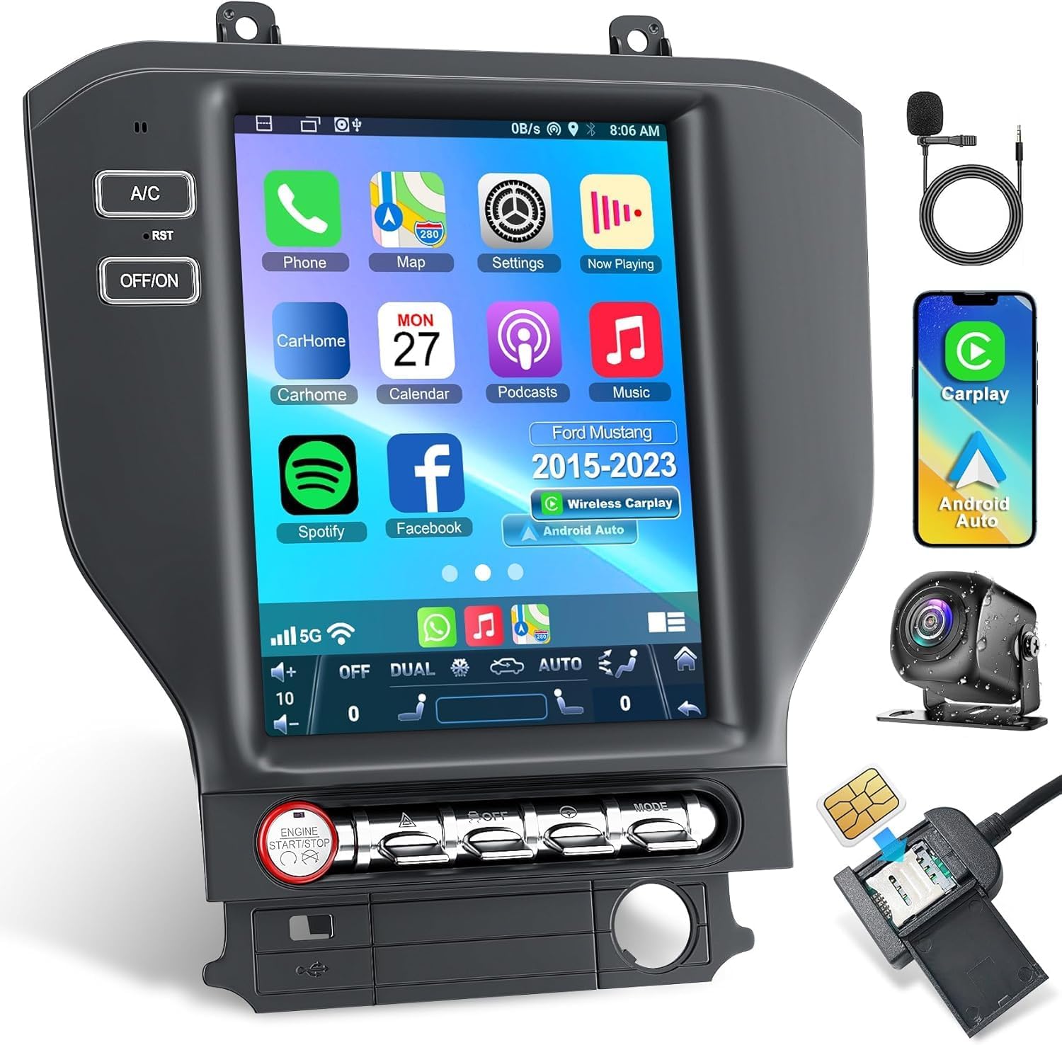 8-core 2+64 Android 15 Car Radio for Ford Mustang 2015-2023, 10.4 Inch IPS Touch Screen Car Stereo with Wireless Carplay/Android Auto,GPS, WiFi, Bluetooth,FM, Backup Camera, DSP, Mirror Link, SWC