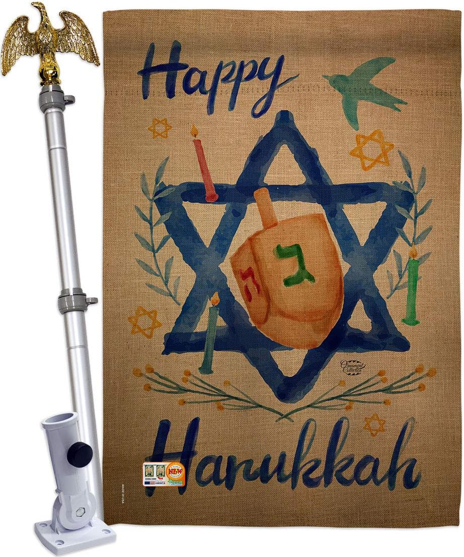 Happy Hanukkah House Flag Dowel Set Wintertime Candle Bonsai Menorah Jewish Chanukah David Small Decorative Gift Yard Banner Made In USA 28 X 40