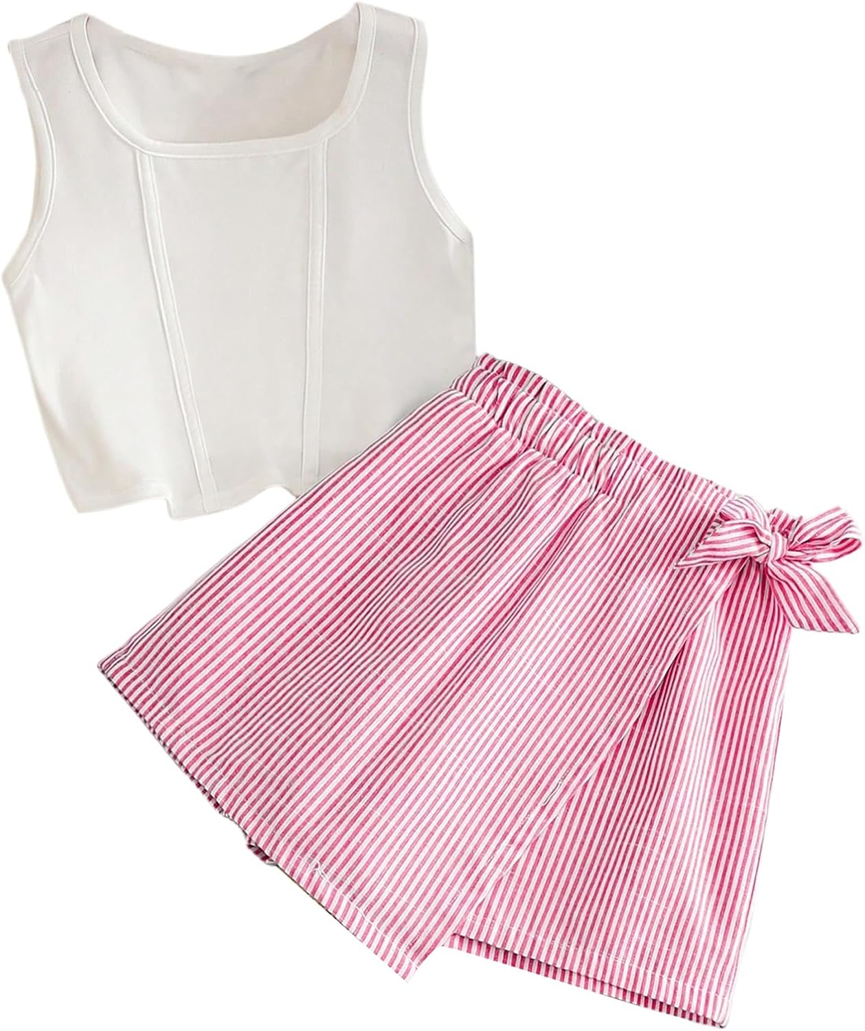 Floerns Girl's 2 Piece Outfits Crew Neck Sleeveless Tank Top and Striped Bowknot Shorts Set