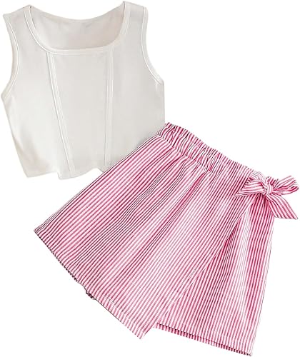 Floerns Girl's 2 Piece Outfits Crew Neck Sleeveless Tank Top and Striped Bowknot