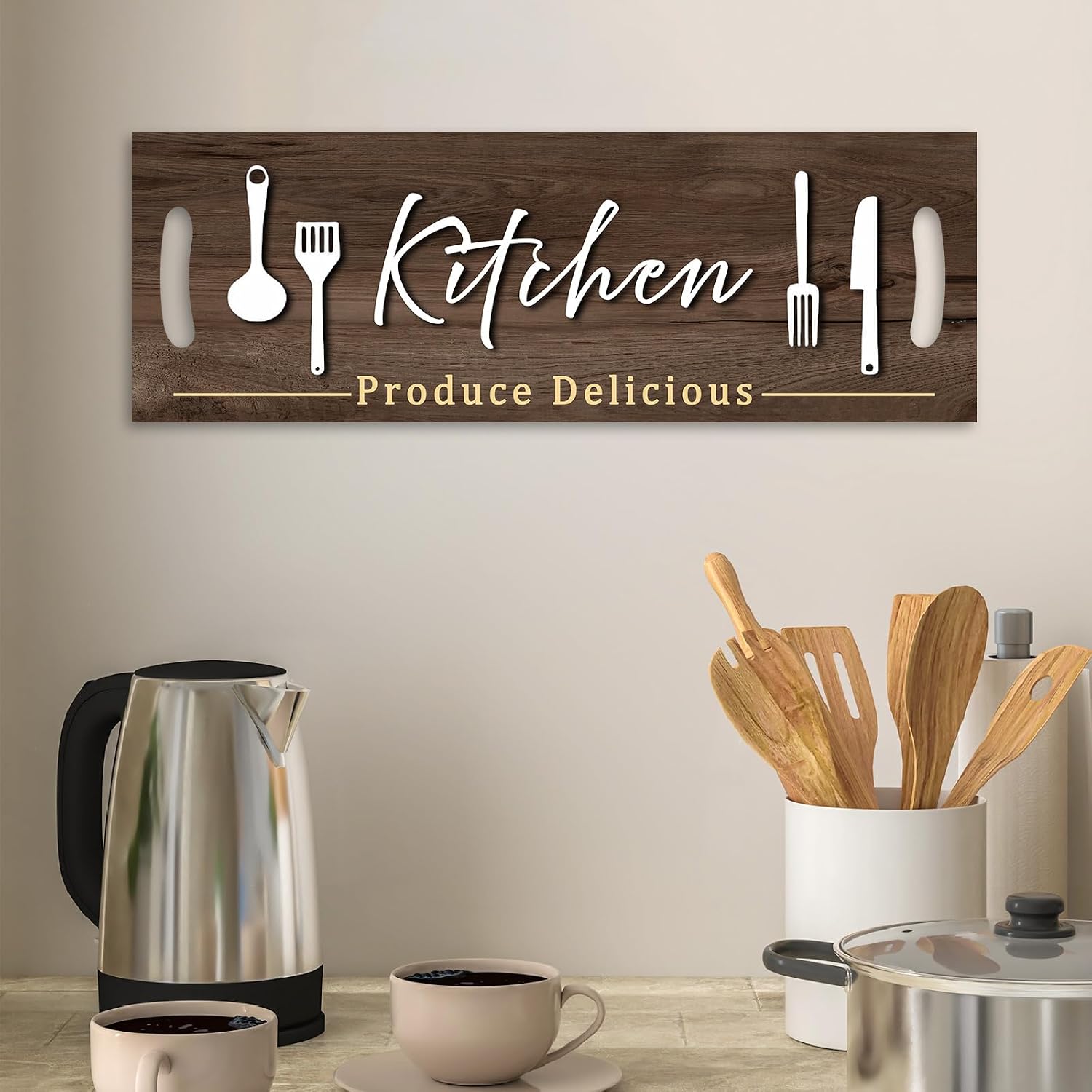 Kercan Funny Kitchen Signs Wall Art, Kitchen Signs Decoraions for Wall, 13.7 × 4.7 Inch Country Farmhouse Decoration for Kitchen or Dining Room (Brown-Kitchen)