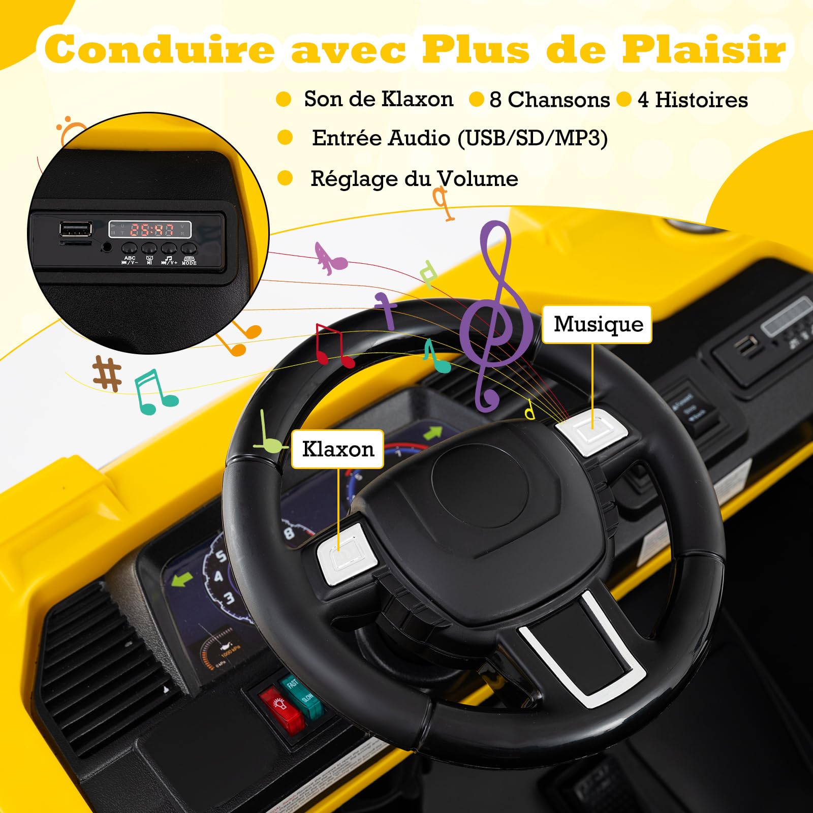 COSTWAY 24V Voiture Excavatrice Électrique Enfant avec Télécommande & Pelle, Camion Électrique 2 Places avec Musique & Lumières & Klaxon, 2,6-5km/h, Charge 25kg, Tracteur pour 3 Ans+, Jaune