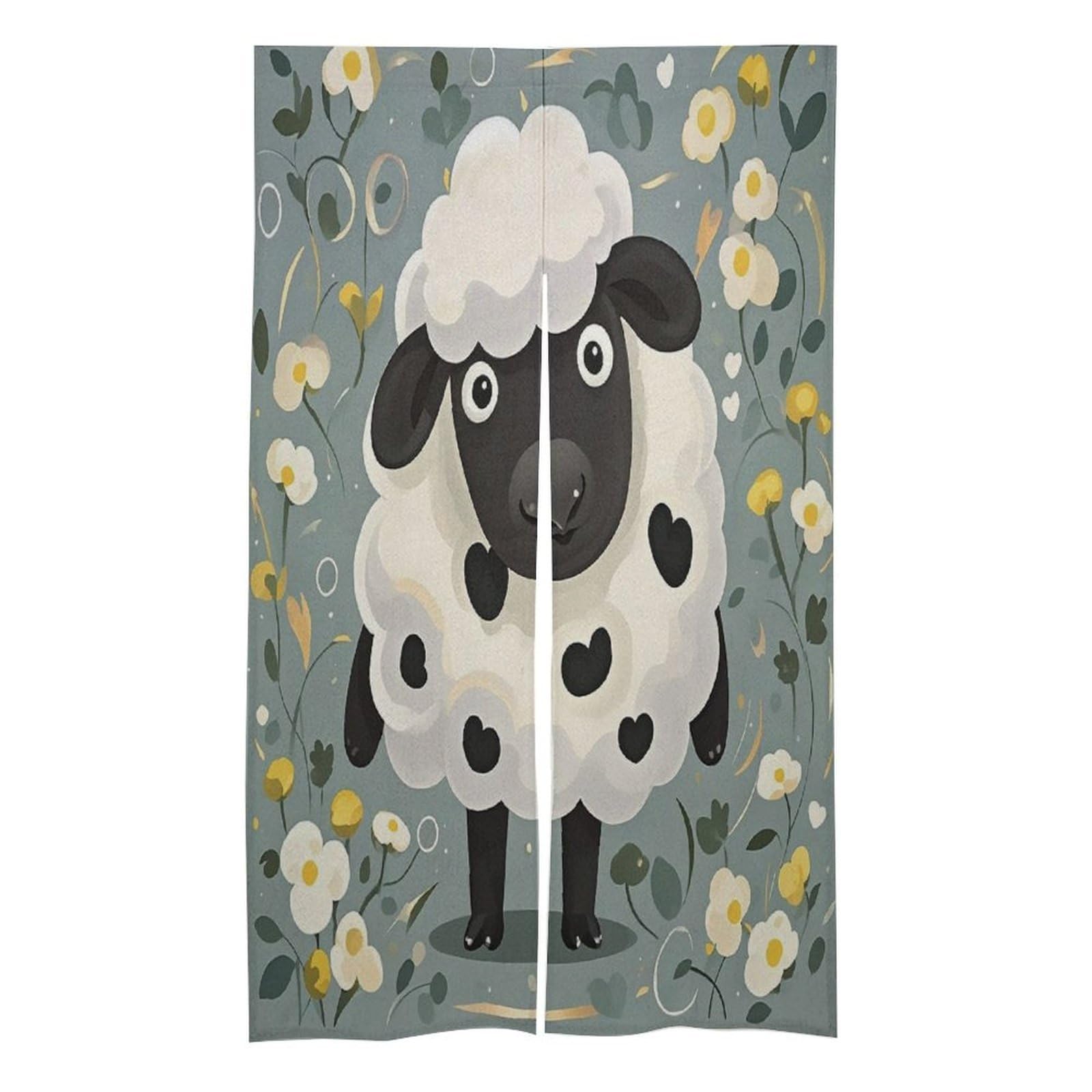 FekiLoot Cartoon Black White Sheep Door Curtain Splice Japanese Style Theme Blackout Doors Cover Hemp Door Tapestry Temperature Protection Barrier Doors Screen for Various Rooms 17W X 57L Inch