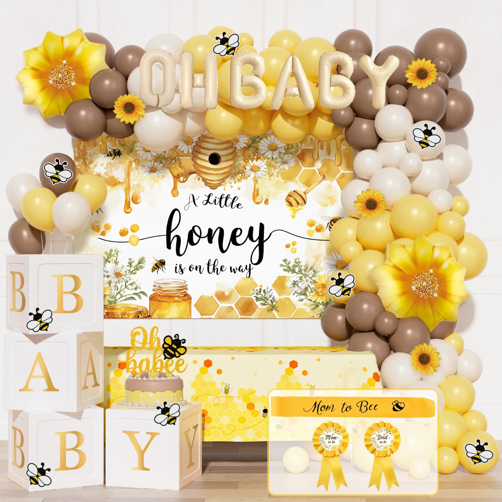 Bee Baby Shower Decorations for Boy or Girl – 111PCS Honey Bee Theme Party Supplies with Backdrop, Balloon Garland, Tablecloth, Boxes, Sash and Badges