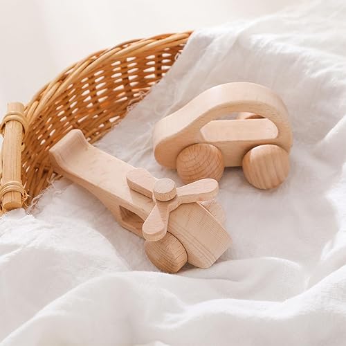Miniatura 5 de Automóvil de madera para bebés y aviones, auto de madera para niños pequeños Montessori Baby Grip Toy Car, regalos para niños y niñas, auto de