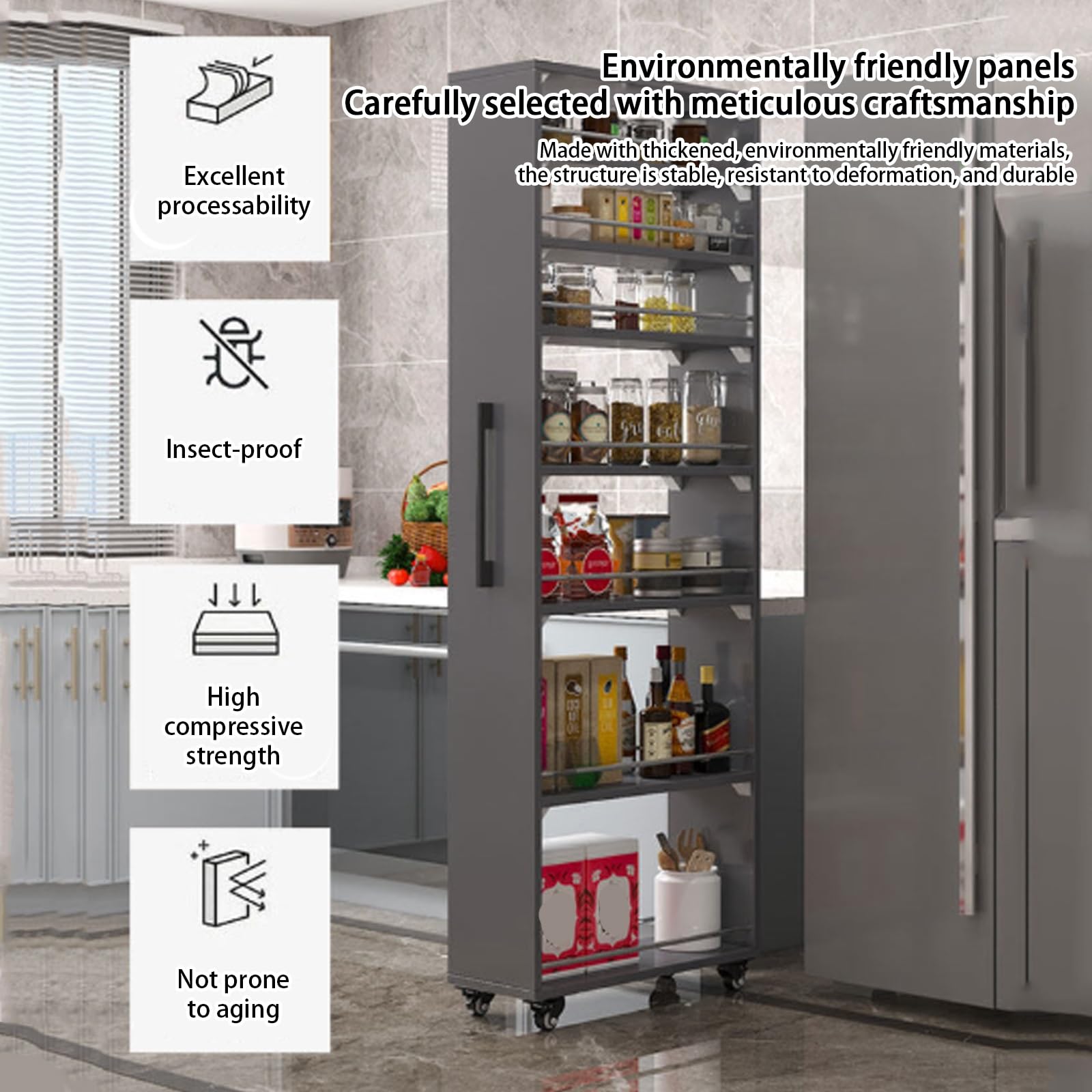Carrito de almacenamiento rodante con asa y ruedas, organizador delgado de 7 niveles para espacios estrechos, ahorra espacio junto al refrigerador