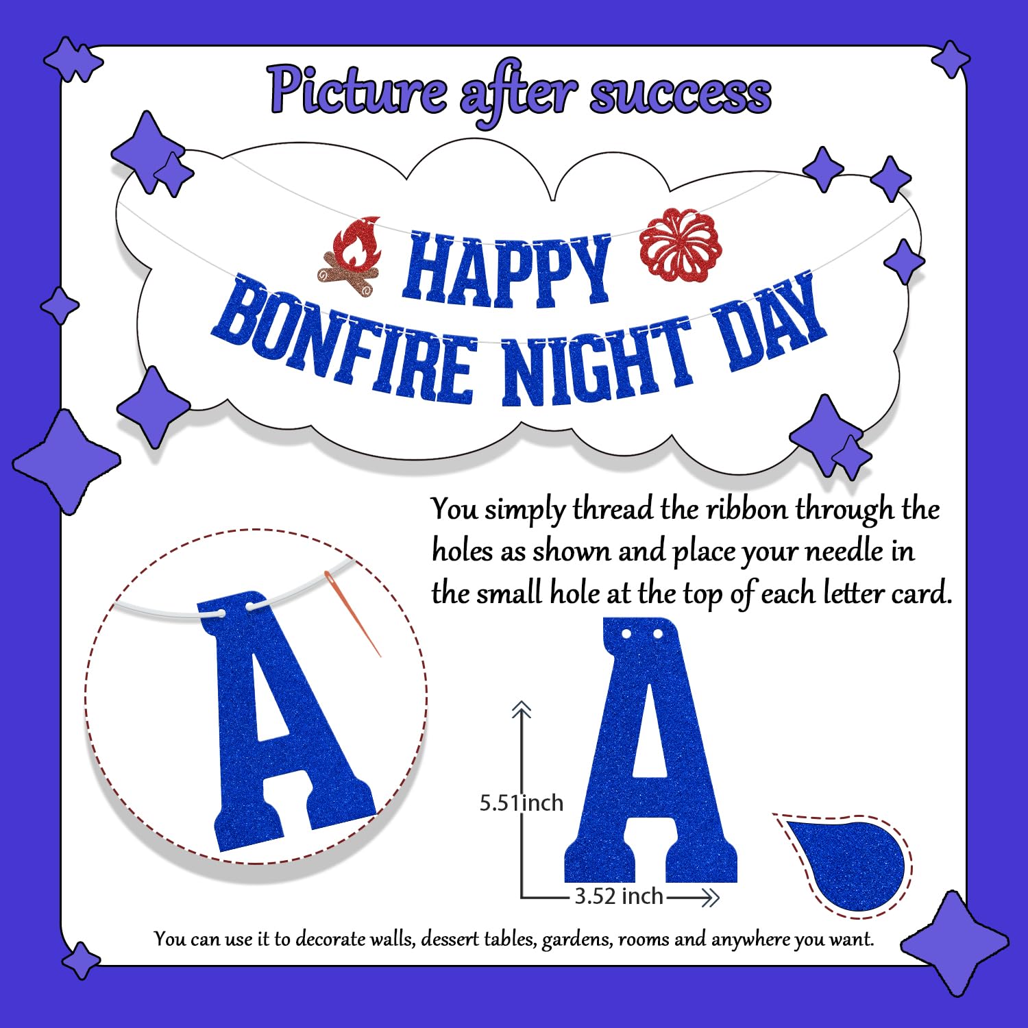 Happy Bonfire Night Day Banner Fireworks Night Party Decoration Blue Glitter - Image 2