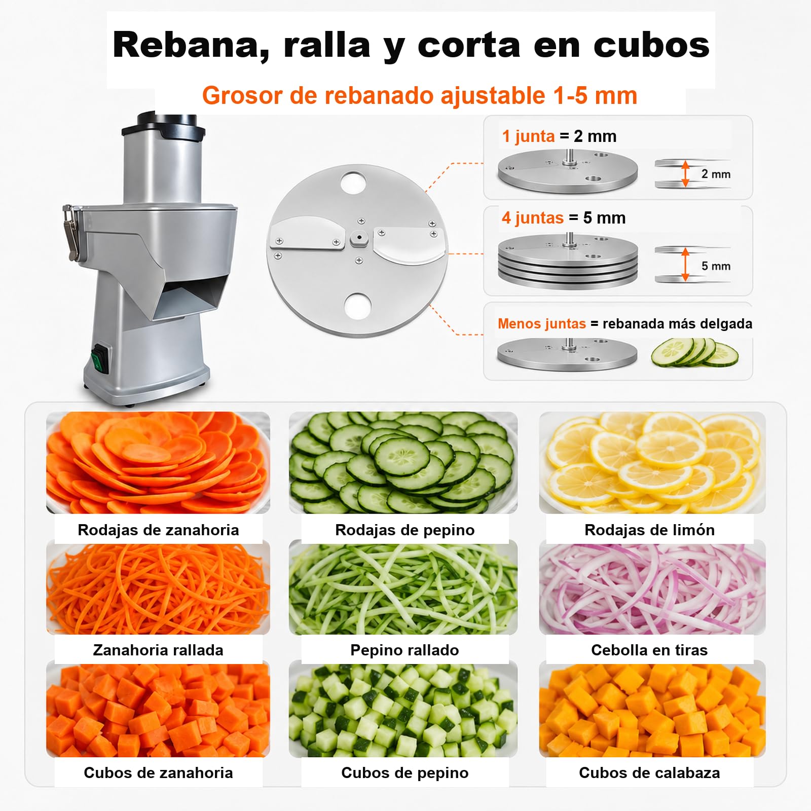 Cortadora Eléctrica Comercial de Verduras, Rebanadora, Ralladora y Cubos