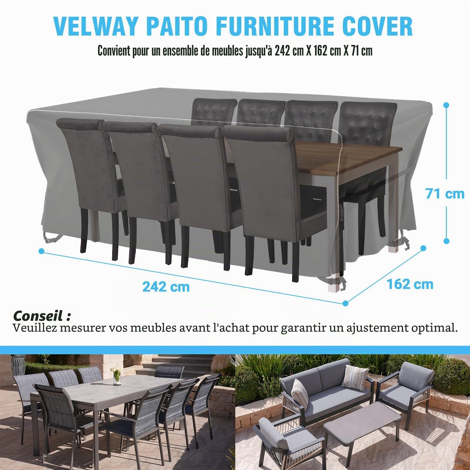 Velway Housse Salon de Jardin Imperméable: Housse de Table Jardin Rectangulaire avec Bande Réfléchissante 600D Oxford Coupe-vent Couverture de Protection Meubles Bâche pour Table - Noir 242x162x71cm