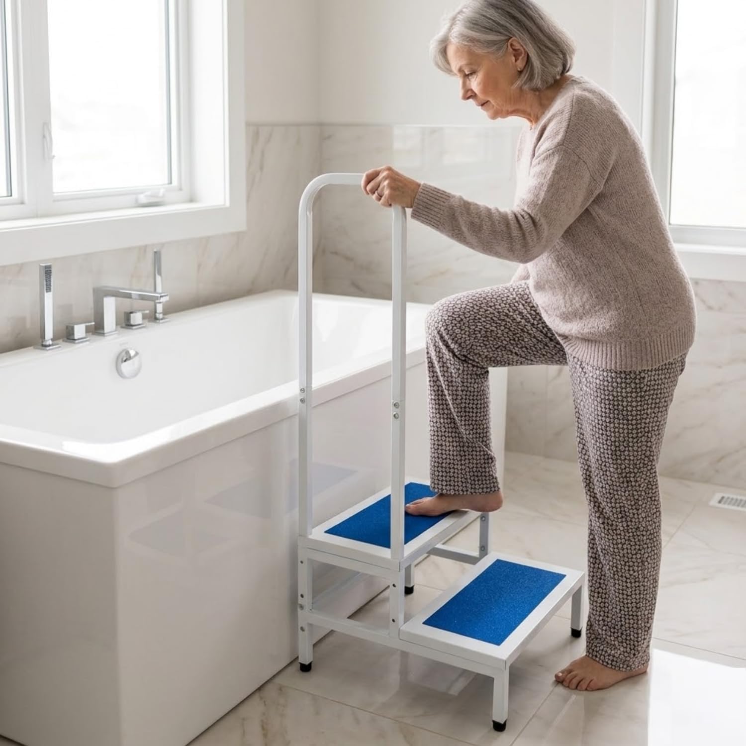 Double Step Stool with Safety Handrail, Anti Slip 2 Step Bath Step, Heavy Duty Metal, Non-Slip Feet, 330 lb Capacity, for Bathroom, Kitchen, Seniors
