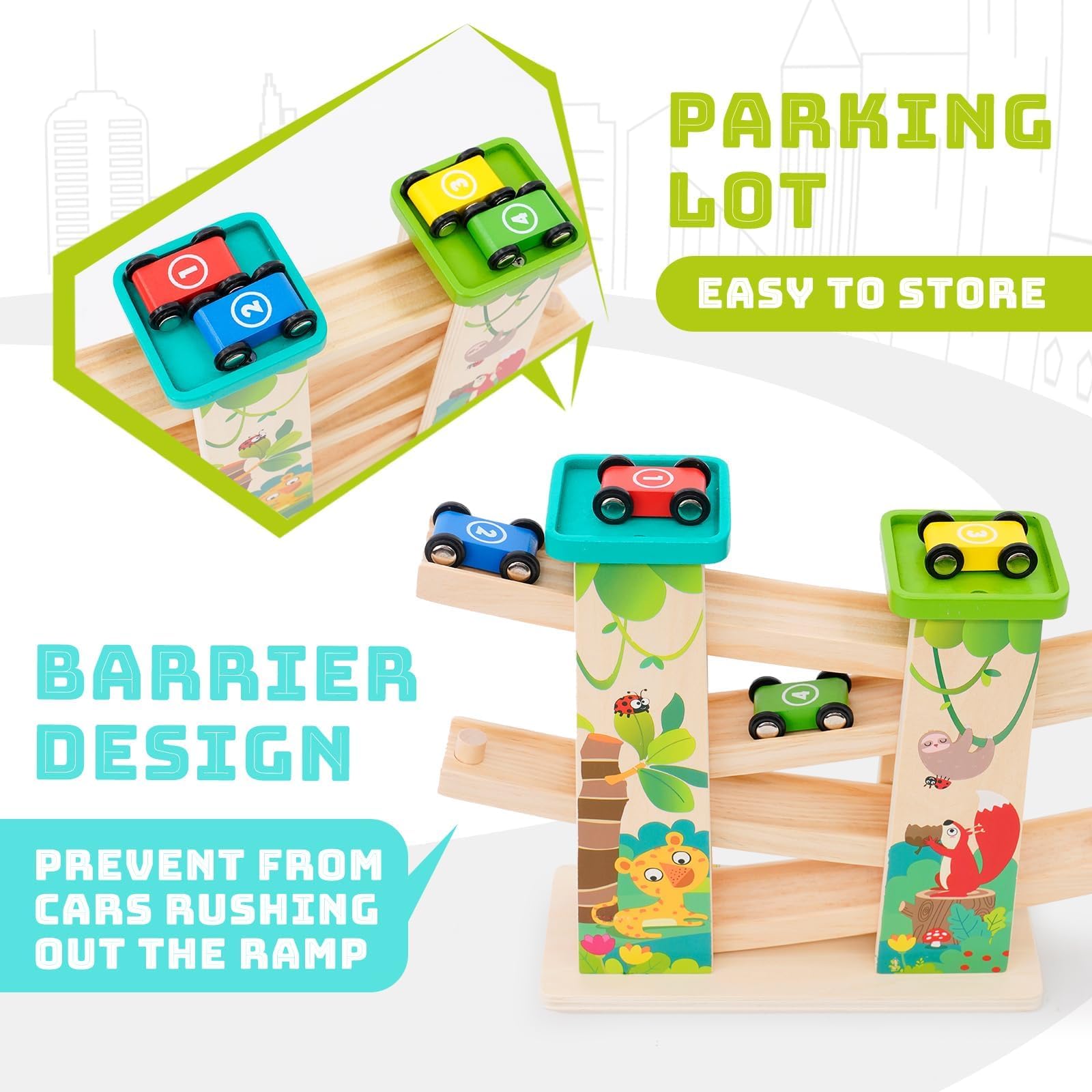 Wooden Car Ramp Toys Click Clark Race Cars Wooden Race Track Car Ramp Racer Zig Zag Track with 2 Parking Lot Garage 4 mini Cars Slide Montessori Toys Gifts for Toddlers Boys Girls 1 2 3 + - Image 3