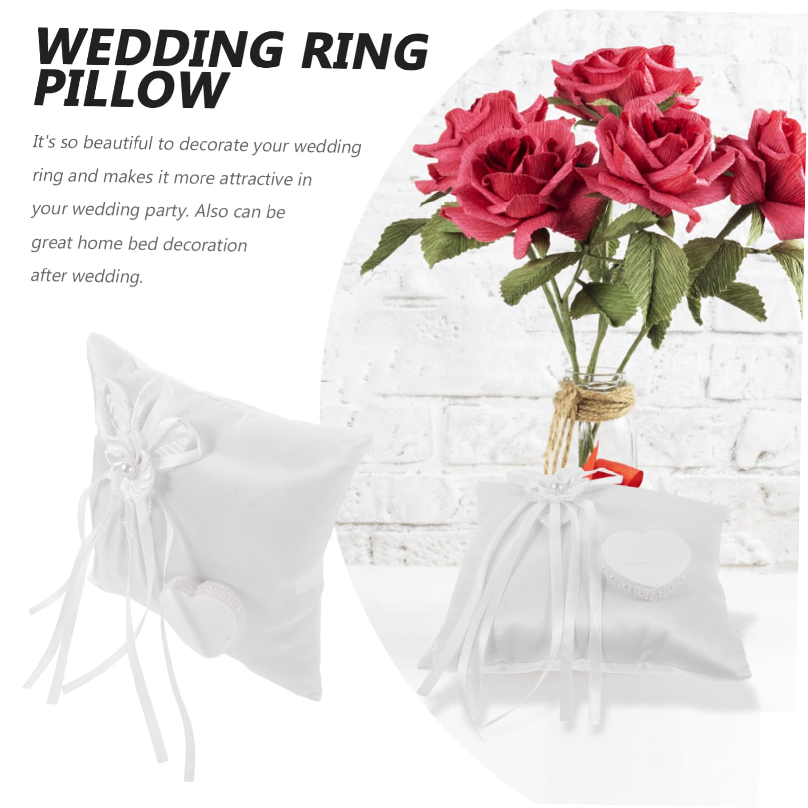 balacoo Hochzeitskissen Ringkissen Hochzeit Weiß Quadratisch 20x20x7 cm | Gewebe, Blumenschleife mit Herz, Wiederverwendbar und Leicht zu Tragen, Schmuckhalter für Brautzubehör