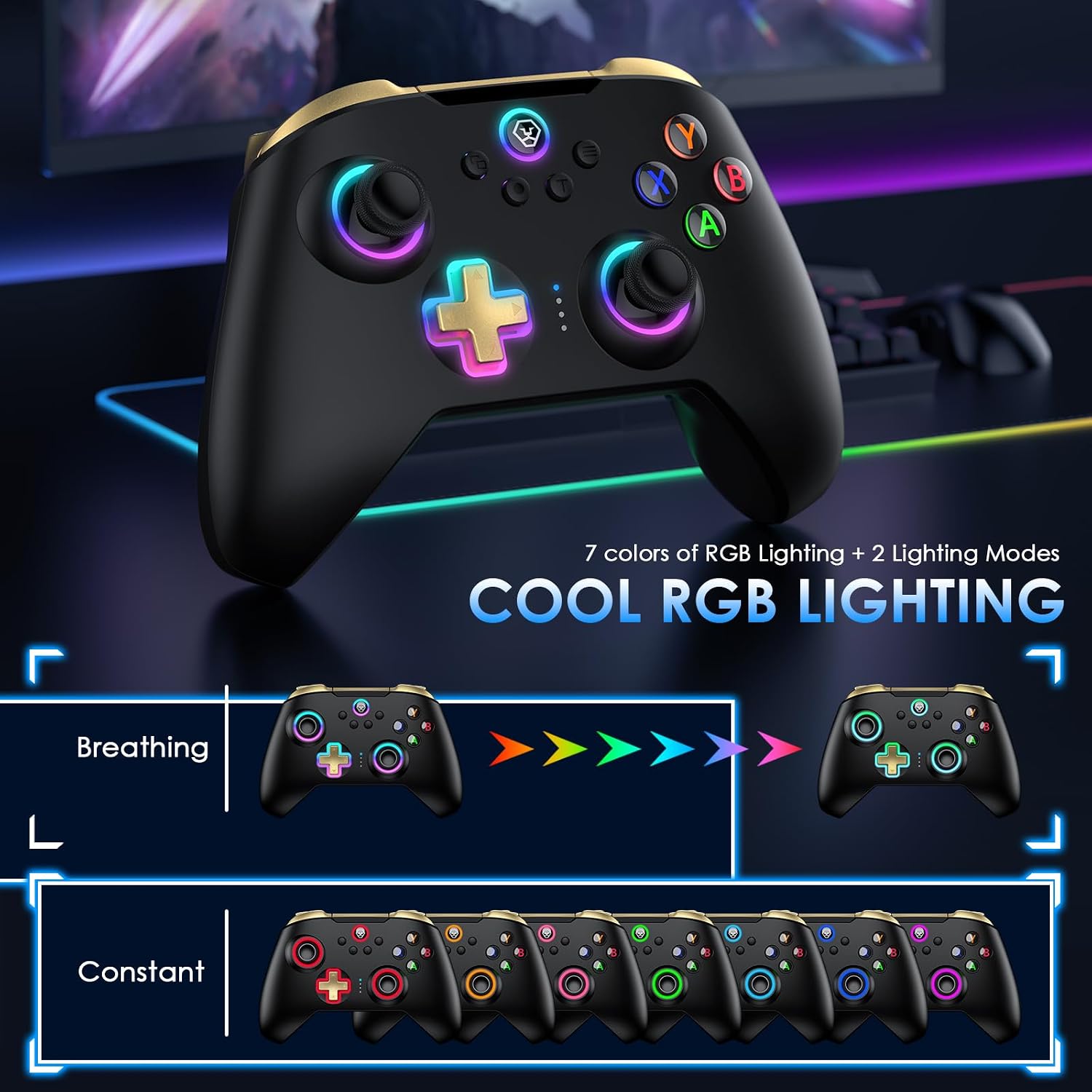 Moonag Wireless PC Controller with Hall Effect Joystick, 2.4G Wireless & Wired 1000Hz Polling Rate, Turbo & Dual Vibration, RGB Lighting, Gaming Controller for PC/Switch/iOS/Android, Black