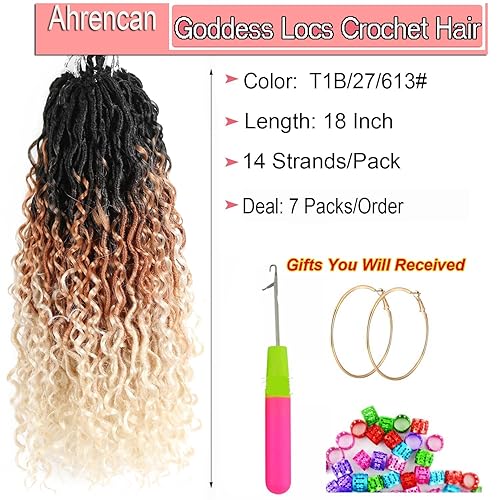 Miniatura 3 de Cabello de ganchillo sintético rubio degradado, 18 pulgadas, 7 paquetes de tres tonos Goddess Locs con extremos rizados, cabello de ganchillo suave