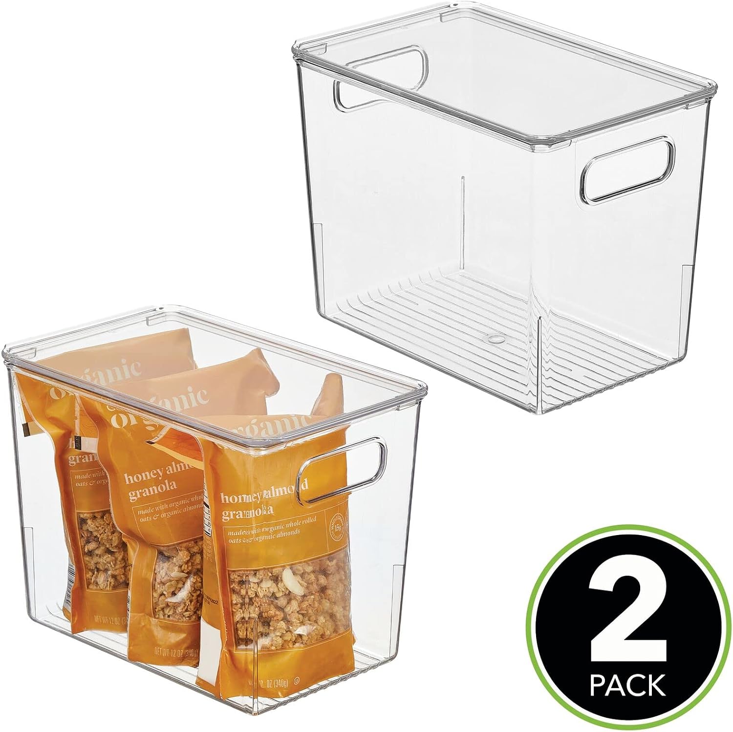 mDesign Slim Plastic Stackable Kitchen Cabinet Storage Bin Box, Handles and Lid - Fridge, Cabinet, Counter Organizer for Snacks, Food, Drinks, or Supplies, 2 Pack, Clear/Clear
