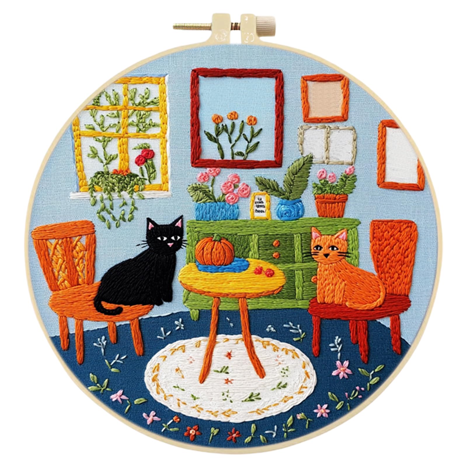 POETRYDRAW Indoor Cat DIY Stamped Embroidery Stitches Practice Kit with Bamboo Hoop Cotton Fabric Embroidery Kit 30x30cm Complete Needlework Craft Kit for Beginners Adults Craft Lover (Indoor Cat)