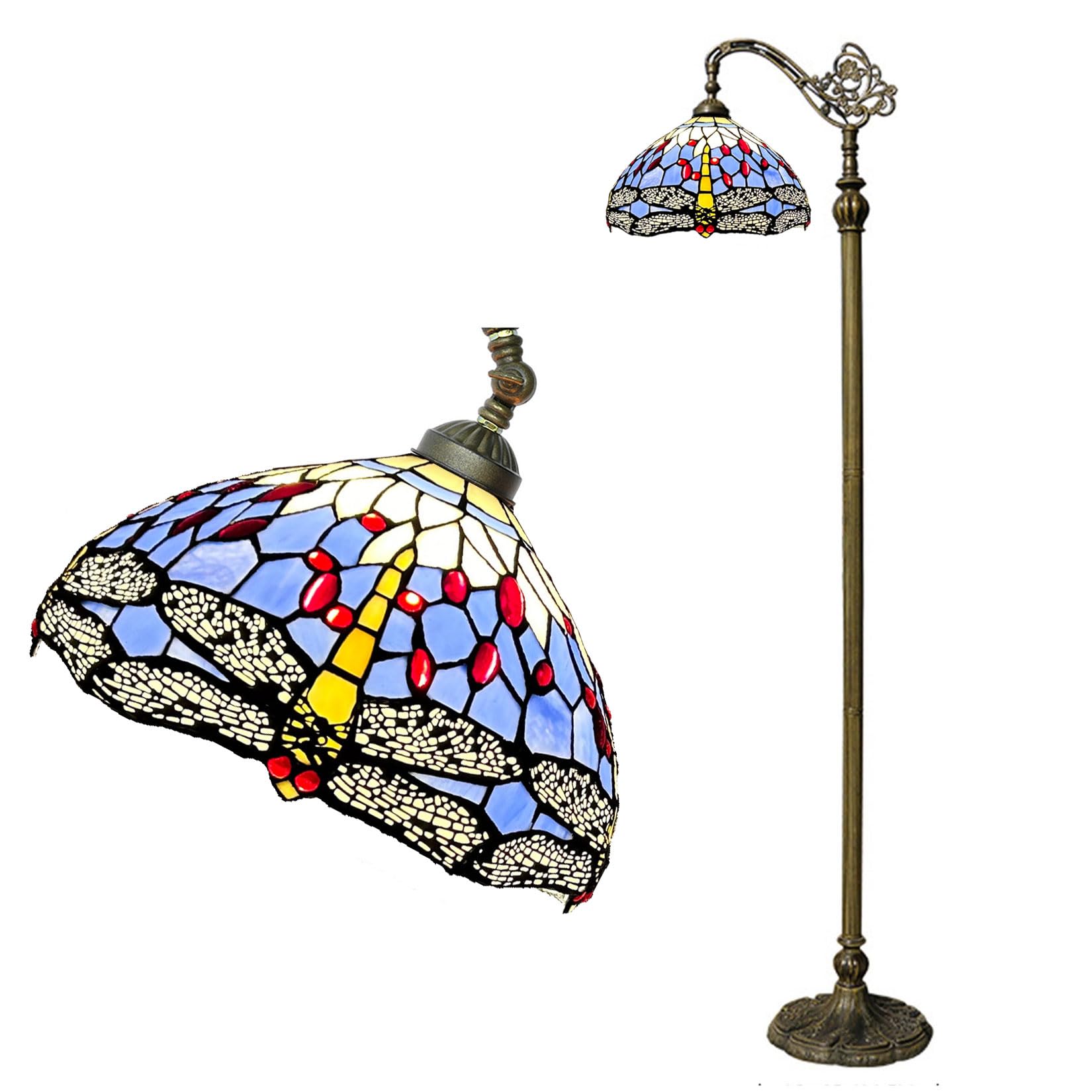 Lampe haute arquée style libellule antique en véritable vitrail Tiffany bleu