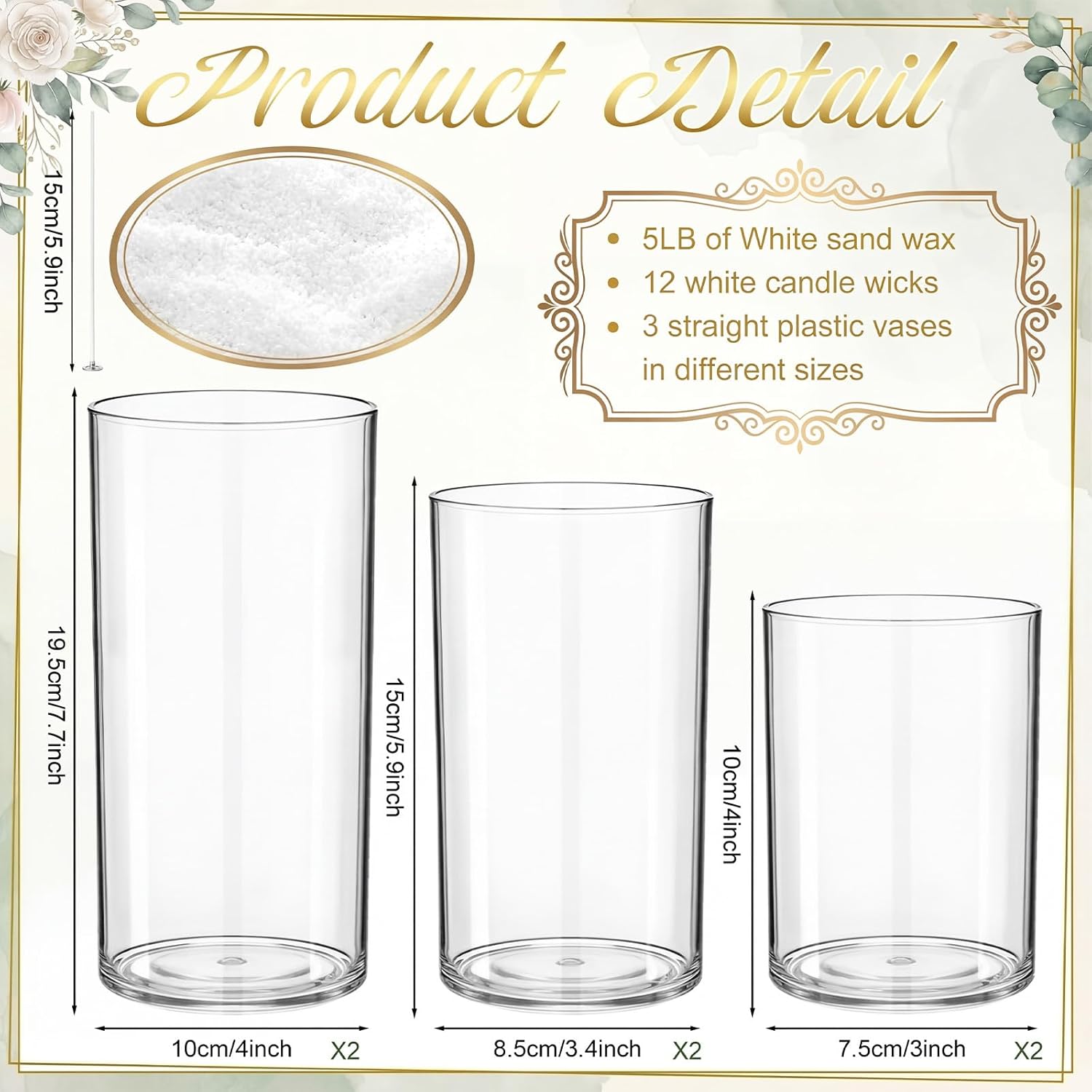 Gerrii 5lb Wedding Pearled Candle Sand Kit 12 Wick 6 Cylinder Glass Vase Refillable DIY Pearled Candle Making Kit for Wedding Centerpiece Gift Home Decor Holiday Party Gift