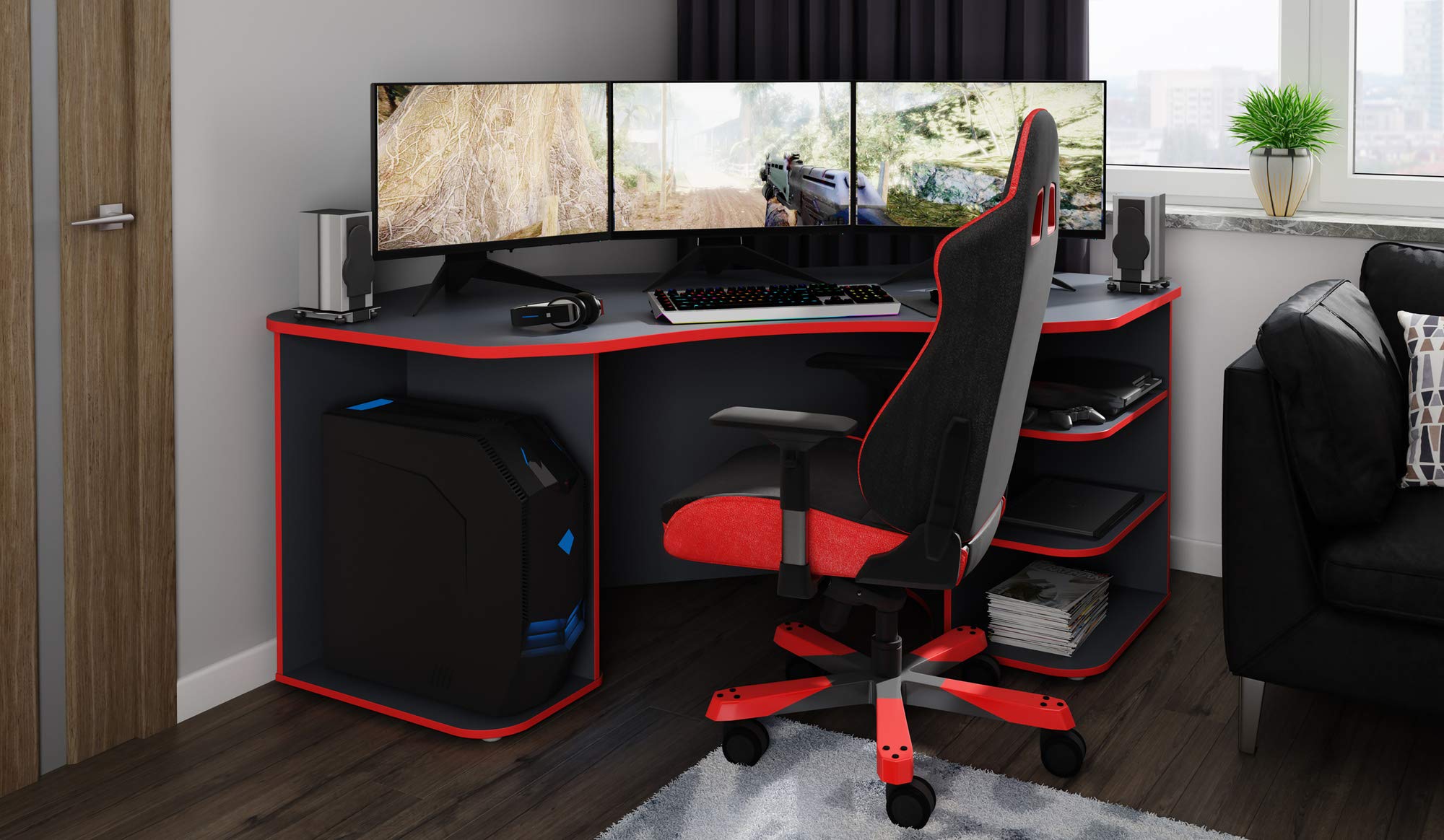 byLIVING Schreibtisch THANATOS, Gamingtisch in Anthrazit mit Kanten in Rot