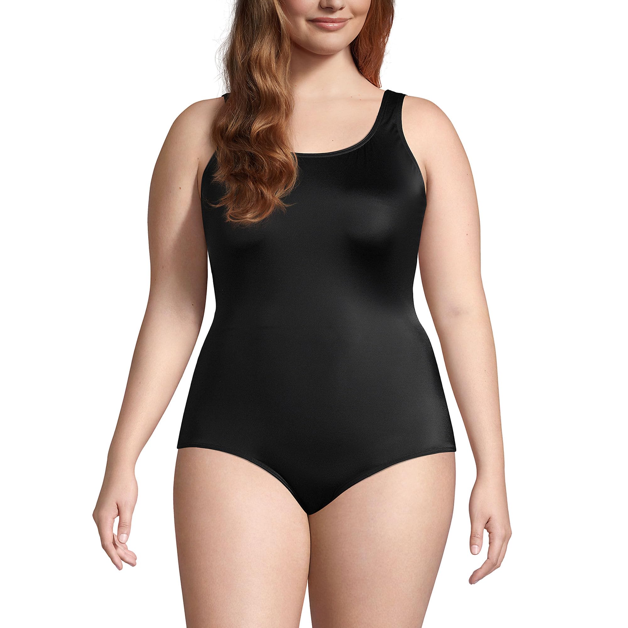 Lands' End Womens Chlorine Resistant Tugless Tank Soft Cup One Piece Swimsuit Black Long Torso 12
