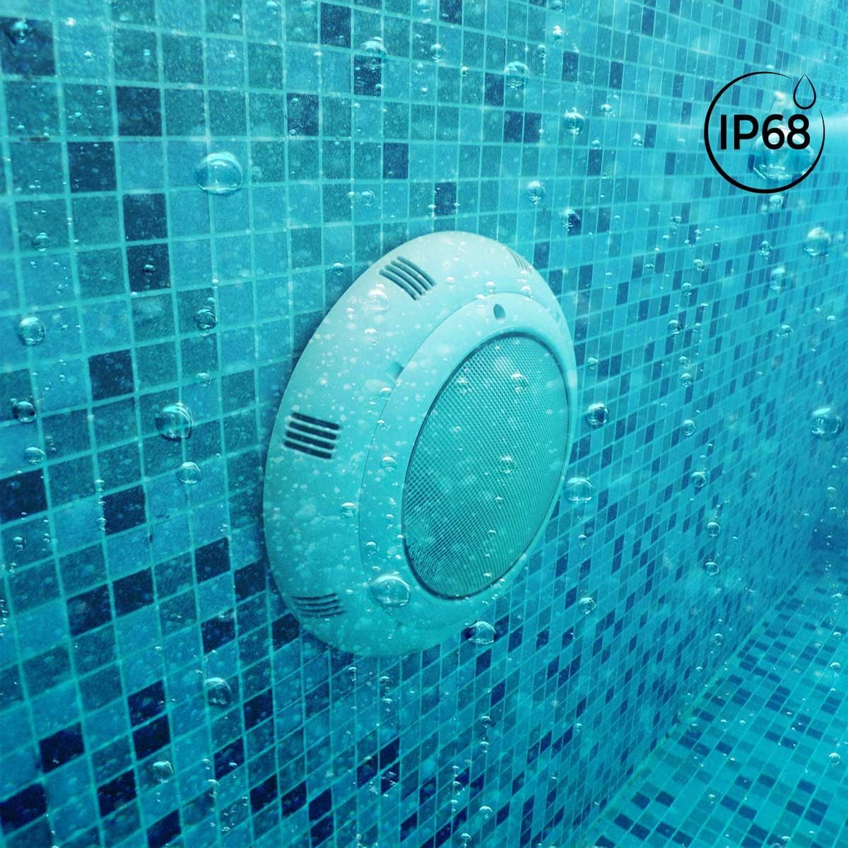 BARCELONA LED Foco LED Piscina Fibra 24W AC12V IP68 Ø295mm Luz Blanca 6500K SMD2835 Foco LED Sumergible para Piscinas de Fibra Montaje Superficie Luz Subacuática para Piscina, Spa, Fuente y Jardín