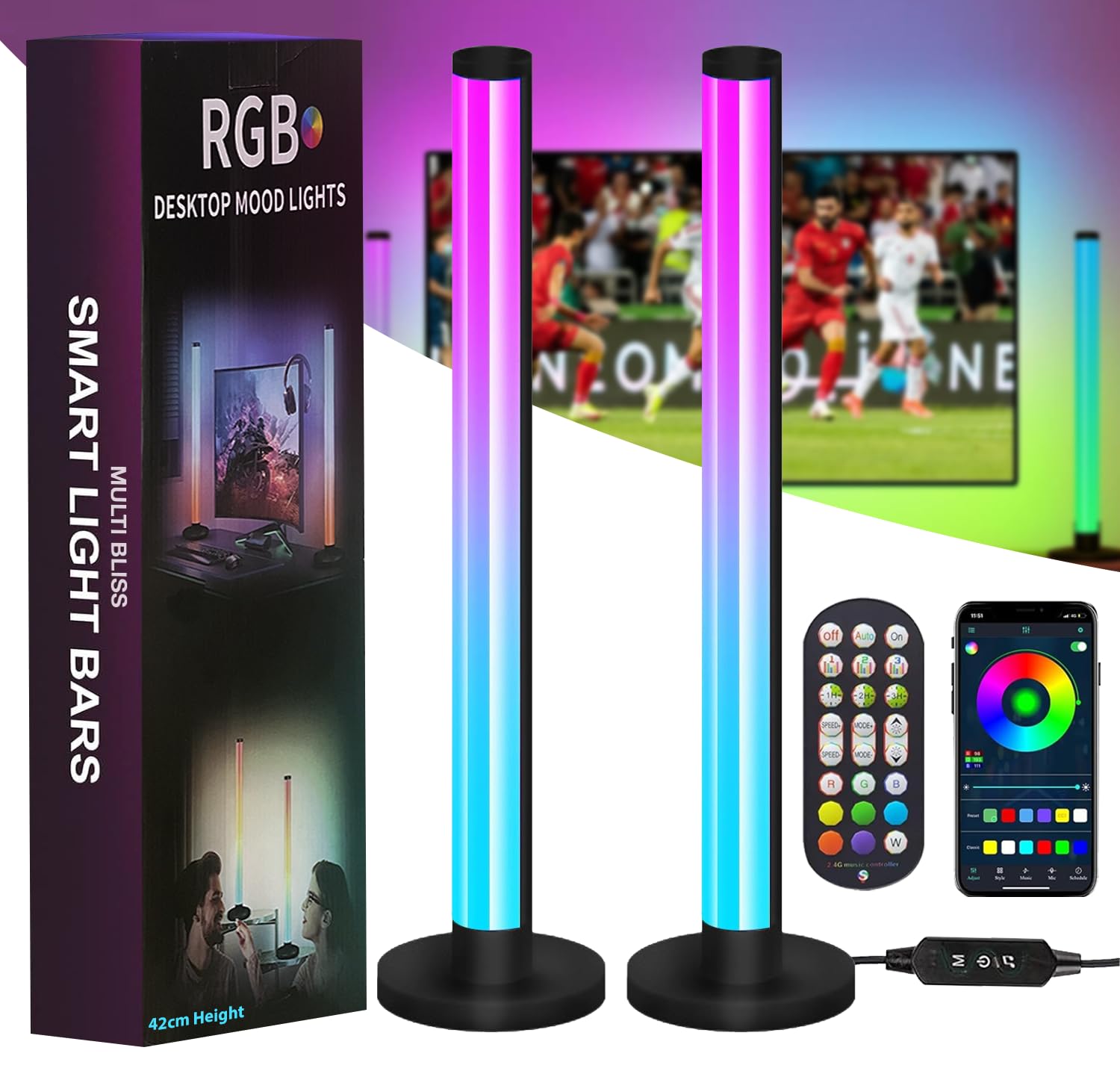 MULTI BLISS® RGB Light Bar,Smart LED Light Bar for Room,16 Million Colors,Three Control Modes,Dynamic Music Sync Mode,Dimmable 213 Preset Modes,USB Interface (Pack of 2)