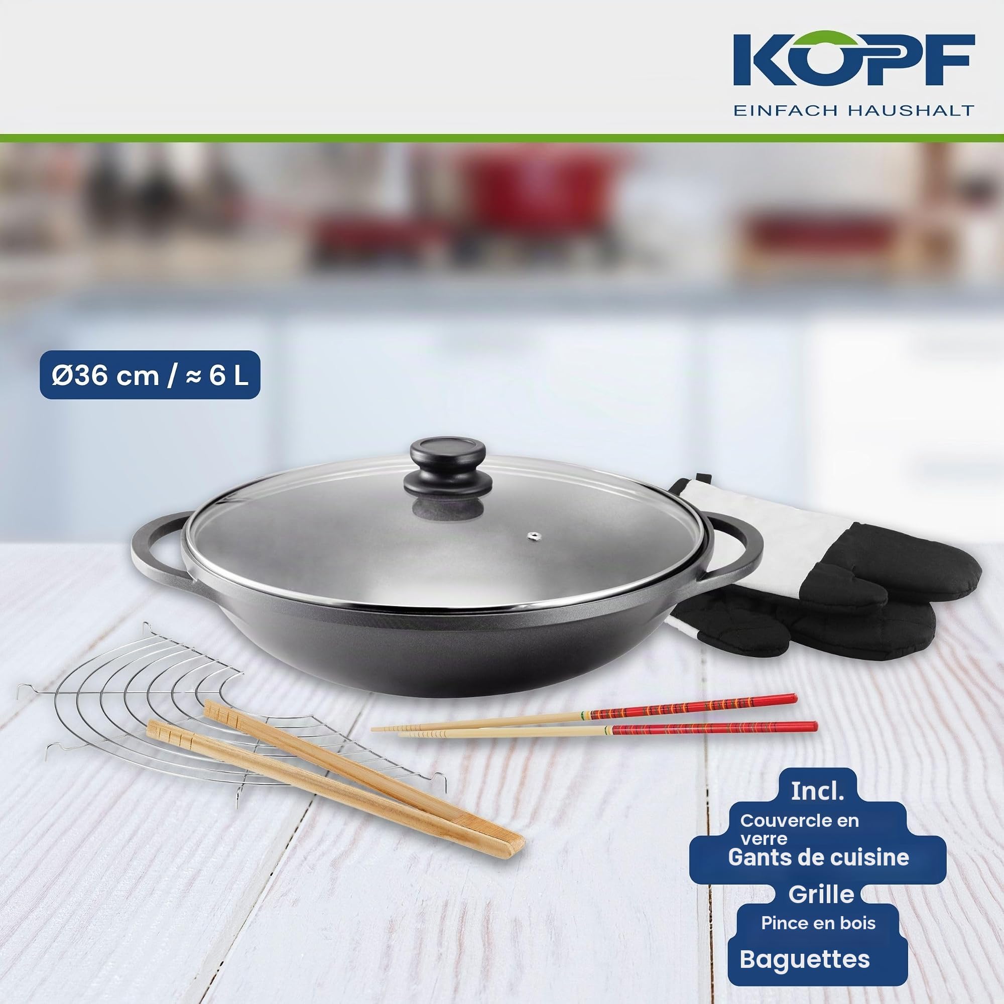 Kopf 124184 Wok Mai-Lu, fonte d’aluminium, Ø 36 cm, avec couvercle en verre et accessoires