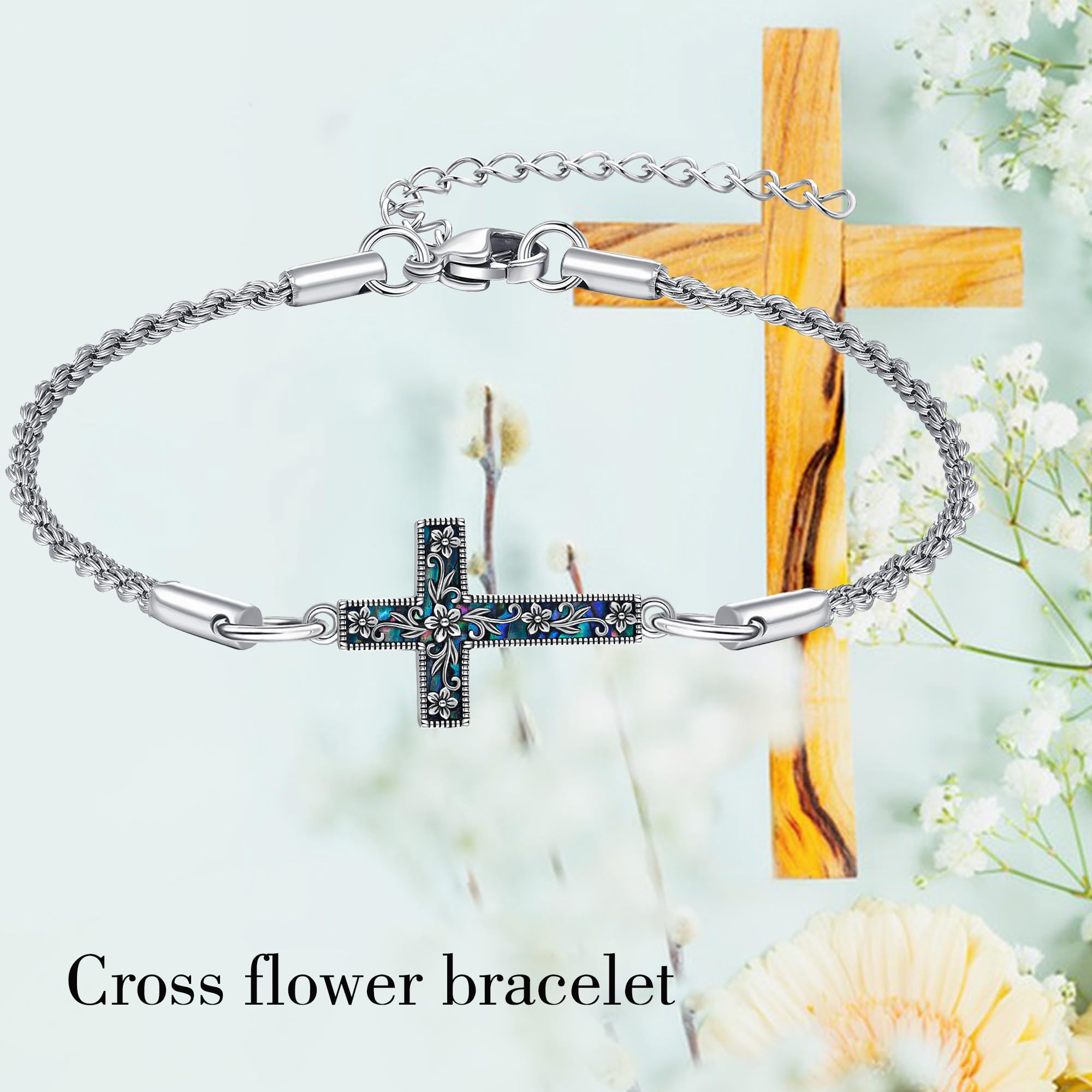 URONE Kreuzarmband 925 Sterlingsilber Kreuz-Blumen-Anhänger Armband Christlicher Religiöser Vintage Schmuck Geschenke für Damen