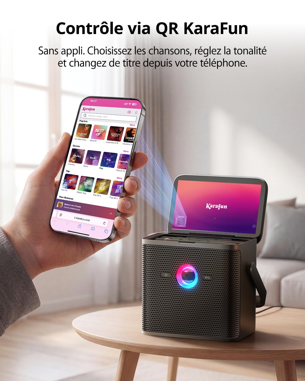 Machine de karaoké Ikarao pour adultes et enfants, avec écran d'affichage des paroles, connexion WiFi à YouTube et à l'application de karaoké, 2 microphones sans fil EQ Autotune, système PA de karaoké
