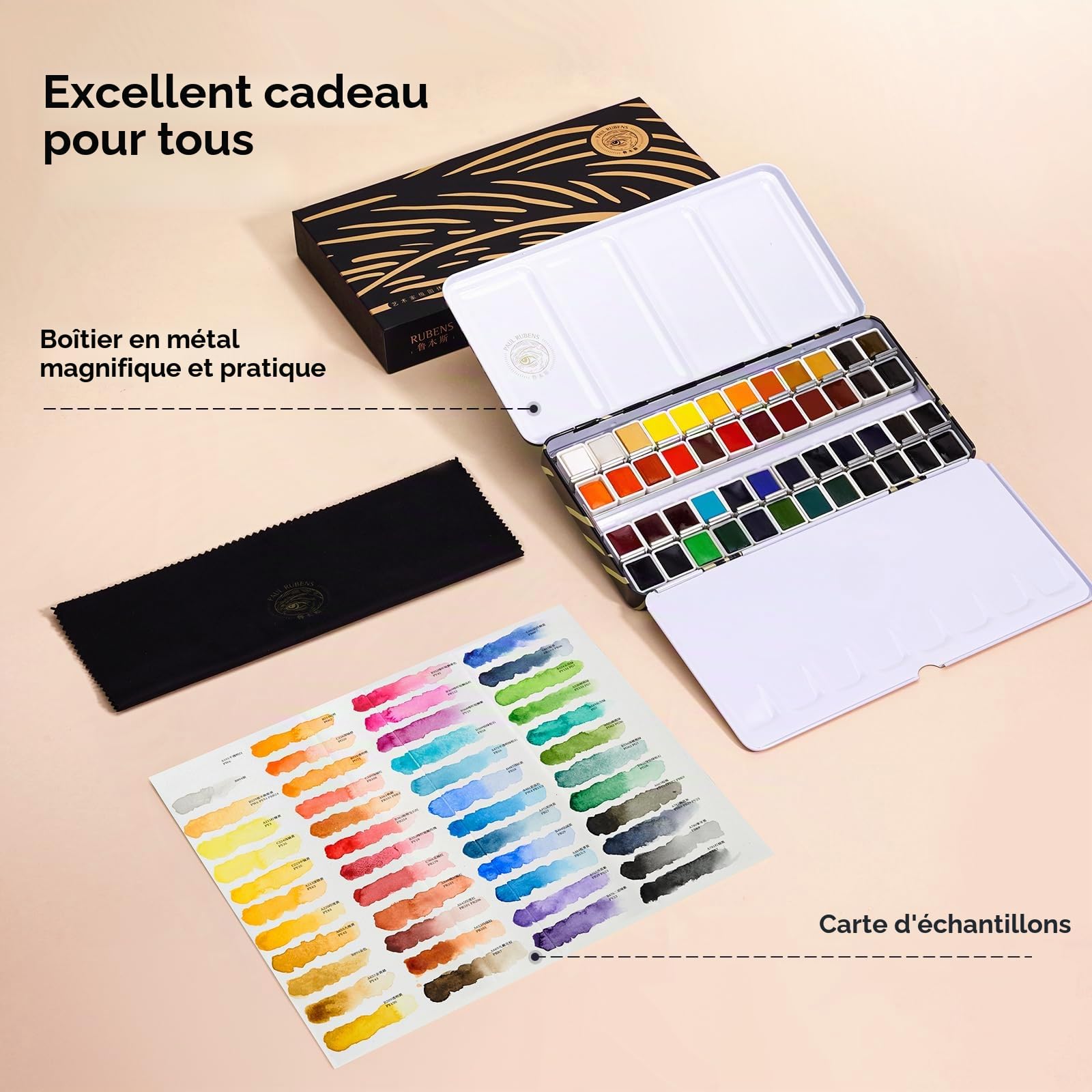 Paul Rubens Lot de 48 aquarelles Couleurs vives Haute transparence Excellente résistance à la lumière Kit d'aquarelle de voyage professionnel pour artistes