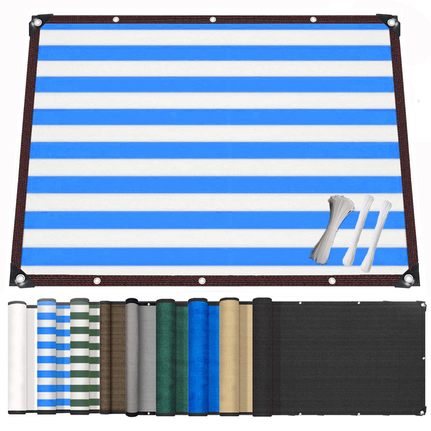 Balcony Privacy Screen, 95% UV Block Windproof Sun Shade Netting with Cable Ties & Rope, Tear-Resistant Outdoor Privacy Fence Cover for Patio, Deck, Backyard, Garden & Pool Blue & White 3.4x3.5m