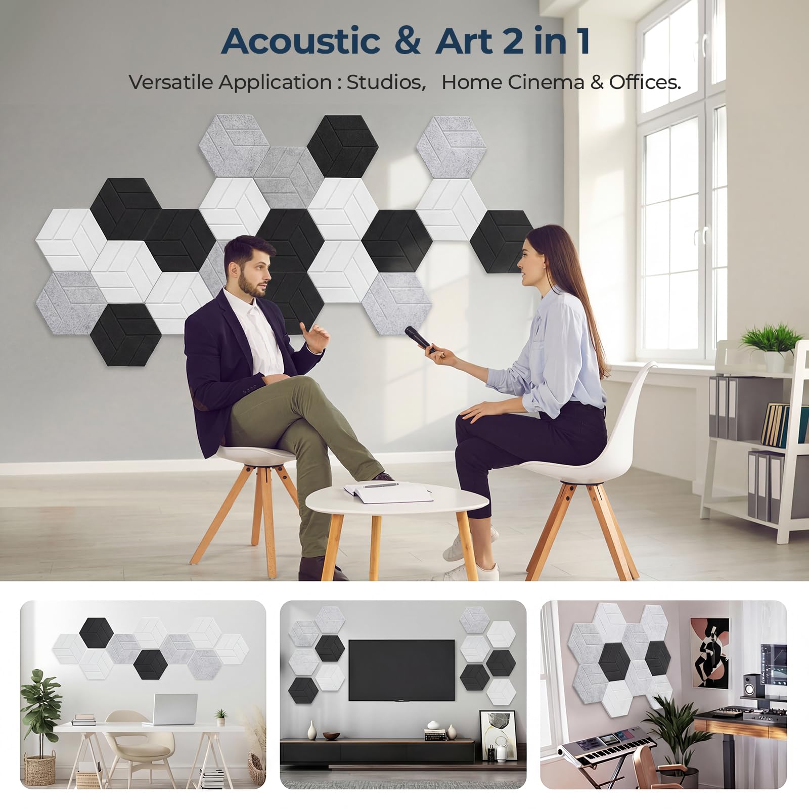 Paquete de 18 paneles acústicos hexagonales autoadhesivos, 30 x 26 x 0,9 cm, paneles de espuma insonorizantes para paredes, paneles de espuma insonorizada para estudio, oficina en casa, sala de