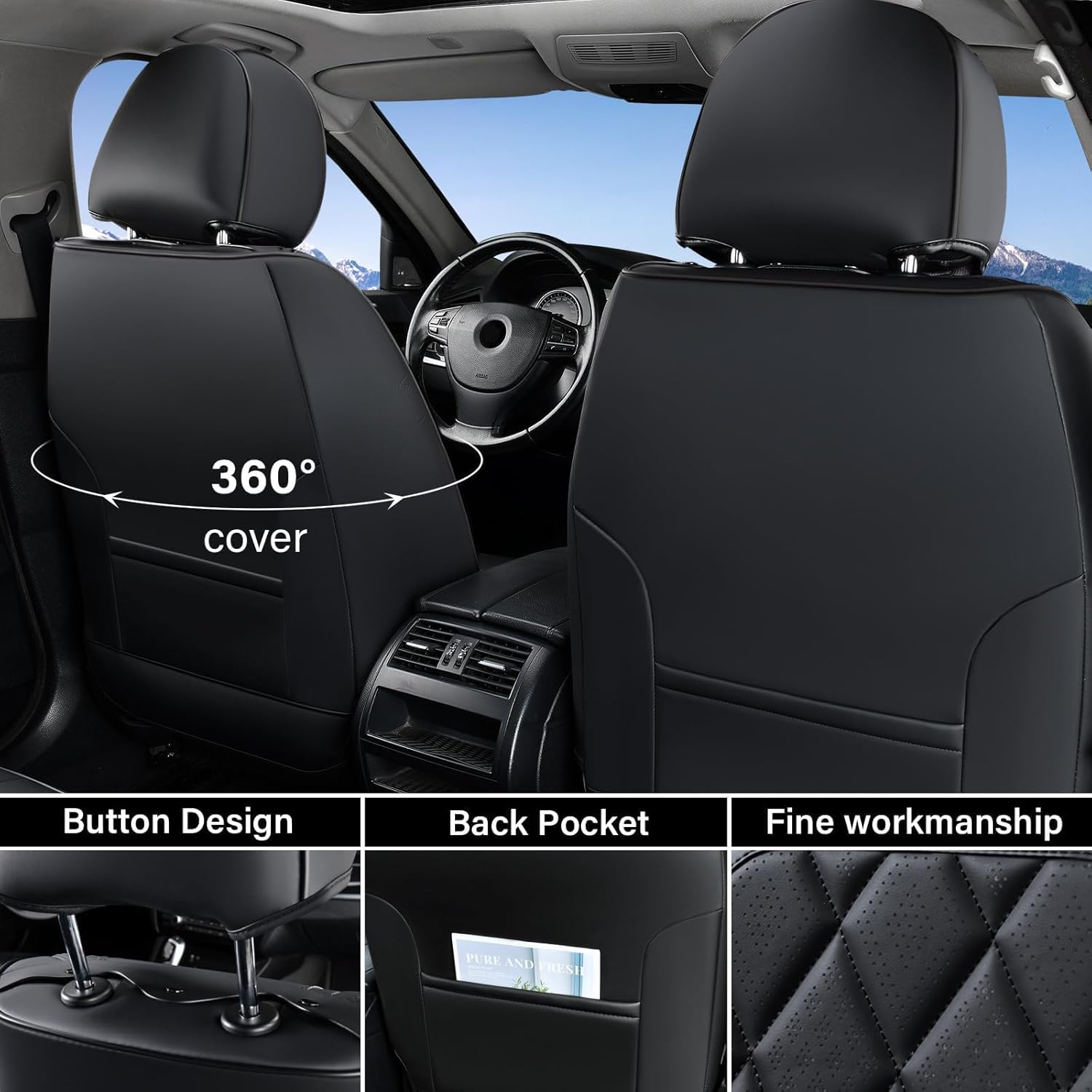 Coverado Car Seat Covers Full Set, Front and Back Seat Covers for Cars, Luxury Faux Leather Waterproof Seat Covers, Black Car Seat Covers, Car Seat Protector Accessories Universal Fit Most Vehicles