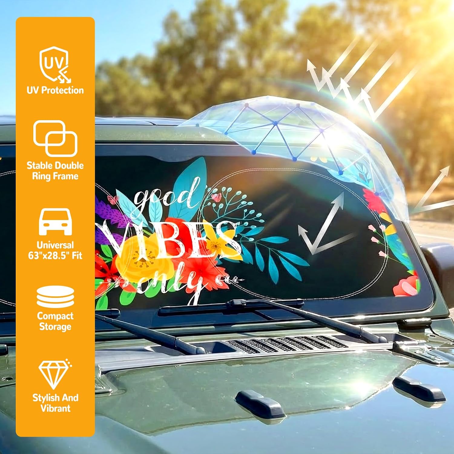 Windshield Sun Shade for Car, 63"x28.5" Stylish Printed Front Window Sunshade with Double Steel Ring Frame, Universal Fit Foldable Heat Blocker & UV Protector, with Storage Pouch (Flowers)