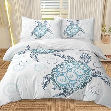 Sea Turtle Bedding Aqua Teal Blue Duvet Cover Sets Beach Turtle Bed Sets Ocean 3 Piece Turtle Themed Comforter Cover with 2 Pillowcases Twin Size