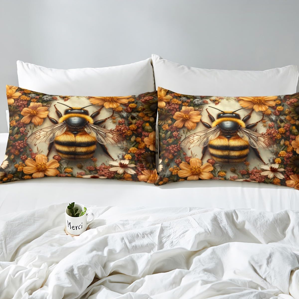 jejeloiu Honey Bee Duvet Cover Queen Size Yellow Bee Bedding Set for Boys Girls Floral Comforter Cover Bedroom Decor 3Pcs Zipper Closure with 2 Pillowcases